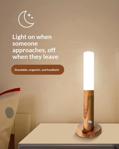 Motion-Sensor Night Light with Faux Wood Grain — Rechargeable Magnetic Wall Lamp for Bedrooms, Hallways, Stairways & Camping