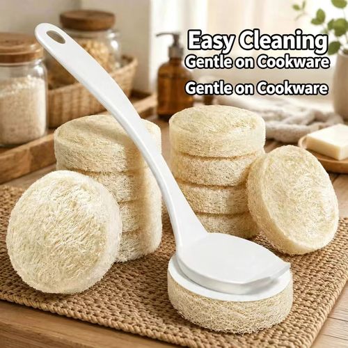 Long Handle Natural Loofah Pot Scrubber, Safe for Non-Stick Coating