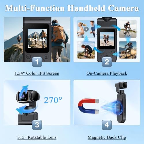 Body Camera with Audio & Video Recording Handheld Vlogging Camera 1080P FHD | 270° Rotationg Lens | Night Vision | Connects to Phone | 1.54in Screen | Magnetic Clip | Camera for Vlogging