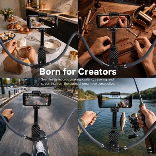 Magnetic Neck Phone Holder, POV Vlog Hands-Free Three mounting options: magnetic or clip. Stable shake-free footage for vlogs and rides
