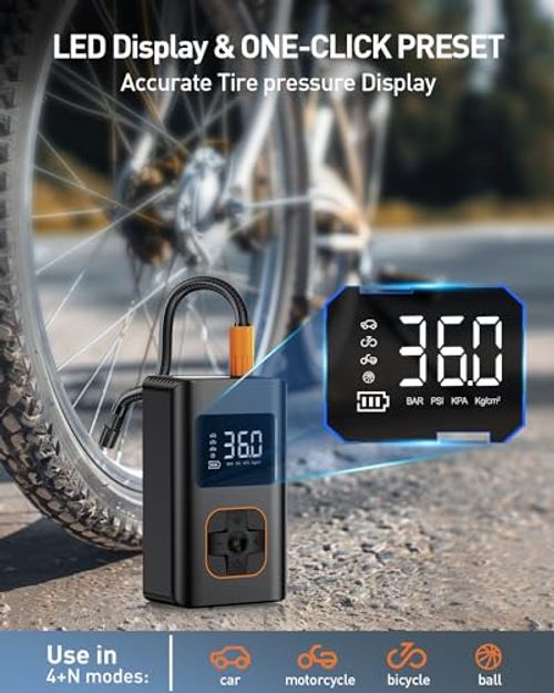 Tire Inflator Portable Air Compressor, 8000mAh Cordless Air Pump for Car Tires, 150 PSI Electric Bike Tire Pump with LED Light and Digital Pressure Gauge for Motorcycle, Auto, Ball, Bicycle