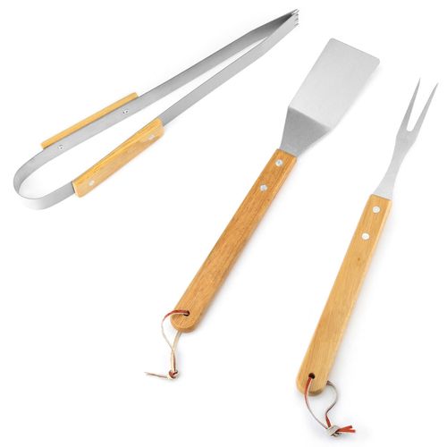 3-Piece Stainless Steel BBQ Tool Set with Wooden Handles — Camping Accessories & Outdoor Grilling Utensils for Kitchen Use