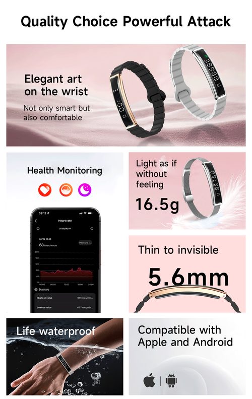 Smart Bracelet with Titanium Alloy Casing — Heart Rate, Blood Oxygen, Stress & Sleep Monitoring, Pedometer, App-Controlled for Swimming & Daily Fitness
