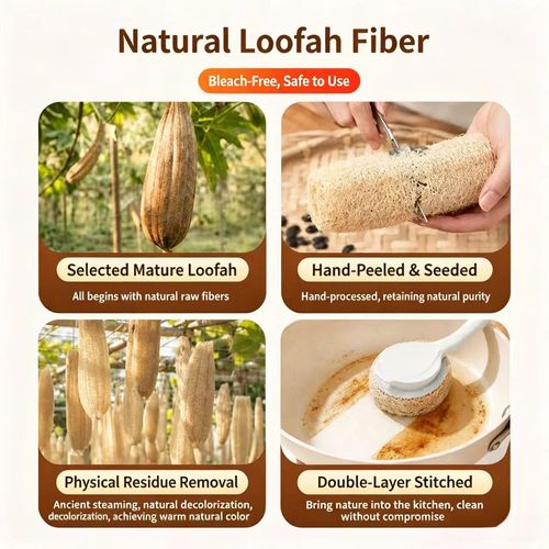 Long Handle Natural Loofah Pot Scrubber, Safe for Non-Stick Coating