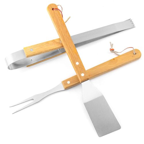 3-Piece Stainless Steel BBQ Tool Set with Wooden Handles — Camping Accessories & Outdoor Grilling Utensils for Kitchen Use