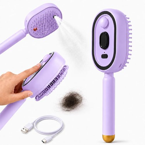 Electric Spray Air Cushion Massage Comb, Rechargeable Steam Brush for Hair (Purple)