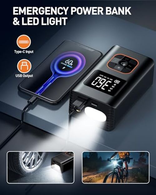 Tire Inflator Portable Air Compressor, 8000mAh Cordless Air Pump for Car Tires, 150 PSI Electric Bike Tire Pump with LED Light and Digital Pressure Gauge for Motorcycle, Auto, Ball, Bicycle