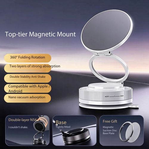 Magnetic Vacuum Suction Phone Mount with Nano Adhesive, Car Dashboard Holder, Stable for Driving Navigation
