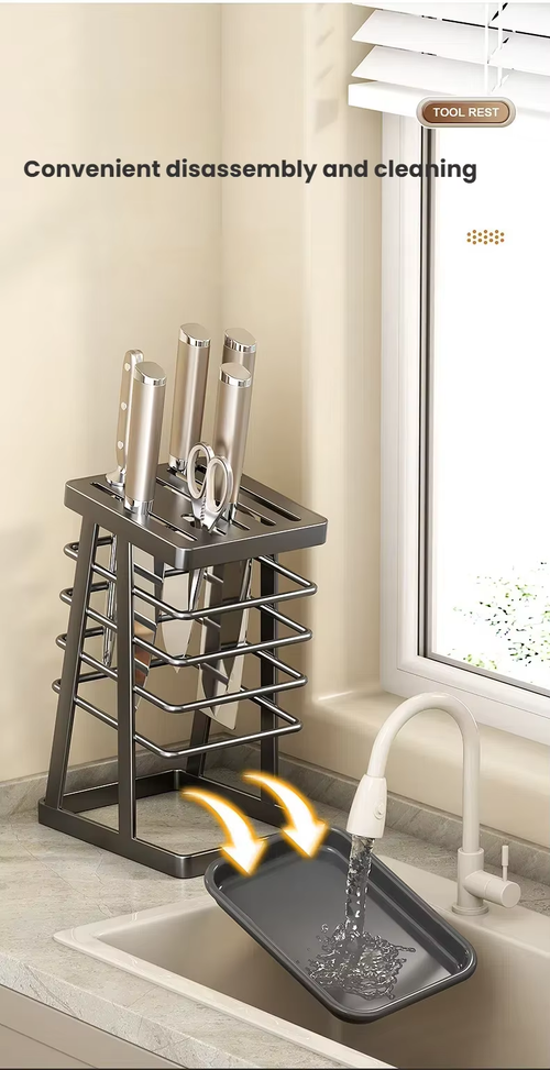 Multifunctional Kitchen Countertop Knife Holder and Storage Rack – Household Knife Stand with Draining Feature
