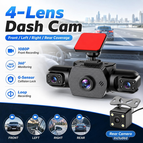 4-Channel 360° Full Surround Dash Cam Front Left Right Rear Car Camera