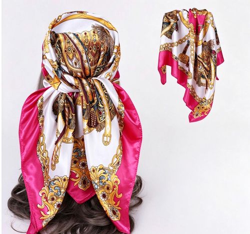 Stylish Square Silk Scarf with Pink Border — Versatile Accessory as Shawl, Headscarf, Neck Scarf or Bag Charm for Women's Parties