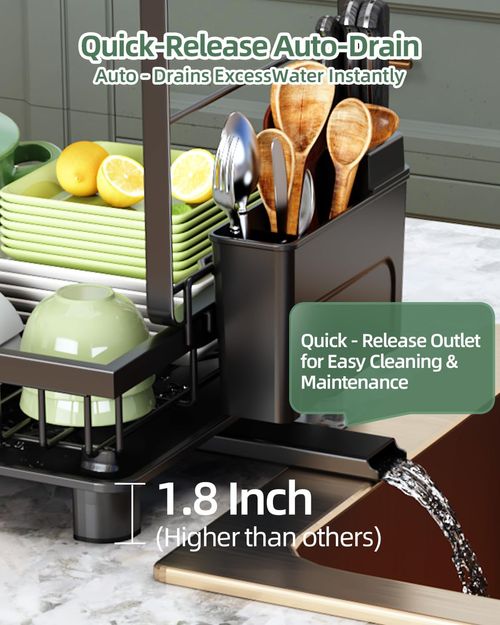 2-Tier Dish Drying Rack, Large Capacity Carbon Steel Dish Rack with Auto Drainage, Kitchen Countertop Dish Organizer for Plates, Bowls, Cutlery, Cutting Board