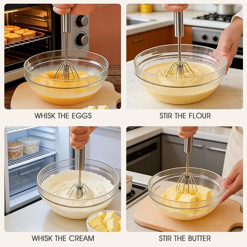 Press-and-Spin Egg Beater — Automatic Milk Frother & Cream Whipper, Stainless Steel Semi-Automatic Tool for Baking & Home Kitchen