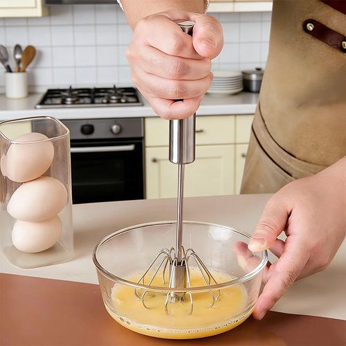 Press-and-Spin Egg Beater — Automatic Milk Frother & Cream Whipper, Stainless Steel Semi-Automatic Tool for Baking & Home Kitchen