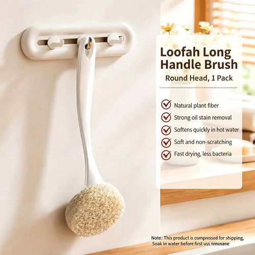Long Handle Natural Loofah Pot Scrubber, Safe for Non-Stick Coating