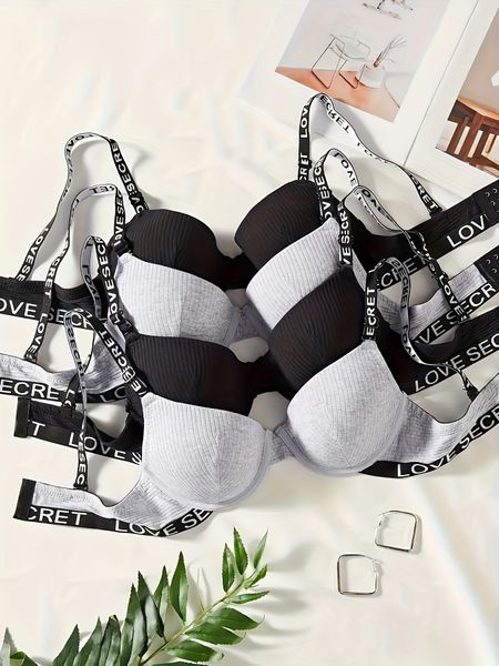 4pcs Elegant Ribbed Letter Tape Underwire Push Up Bra - Breathable, Comfortable, and Supportive Women's Lingerie and Underwear for Everyday Wear - Soft, Adjustable, and Stylish Design for Confident You