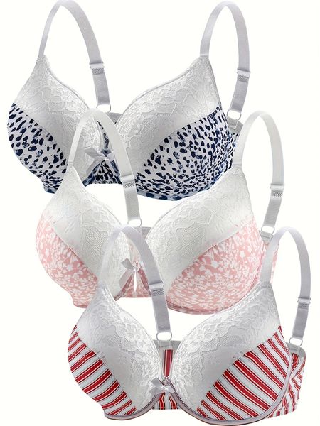 3pcs Plus Size Women's Sexy Underwire Bras - Floral, Striped & Leopard Print Contrast Lace, Bow Decor, Comfortable & Supportive, Perfect for Everyday Wear