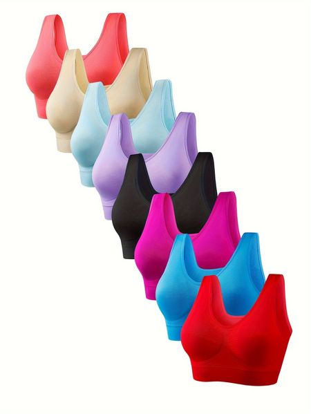 8pcs Plus Size Womens Seamless Sports Bra - Comfy, Breathable, Removable Padded, Wireless, Medium Stretch, Solid Color, Knit Fabric - Ideal for Active Wear and Fitness