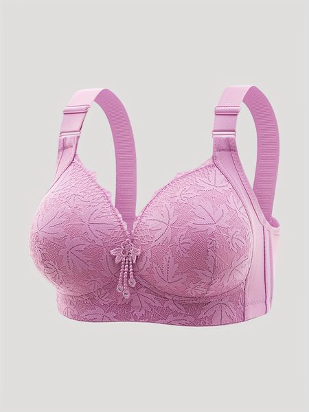 1pc Elegant Floral Lace Solid Color Wireless Push Up Bra - Breathable, Full Coverage, Non-Removable Padding, Soft Nylon Knit Fabric, Comfortable & Stylish Lingerie for Women