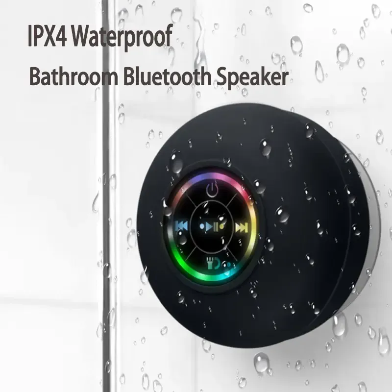 Black Wireless Waterproof Bluetooth Speaker with Suction Cup, LED Lights, Rechargeable Hands-Free Functionality - Audio Tech Gadget for Home Bathroom Use, Tech Gadgets
