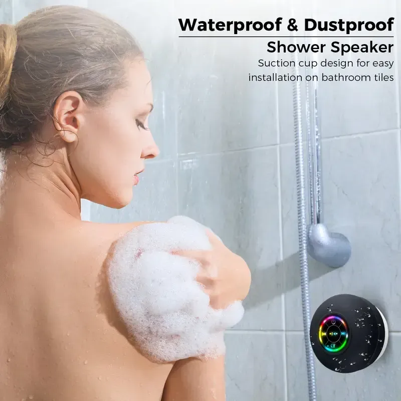 Black Wireless Waterproof Bluetooth Speaker with Suction Cup, LED Lights, Rechargeable Hands-Free Functionality - Audio Tech Gadget for Home Bathroom Use, Tech Gadgets