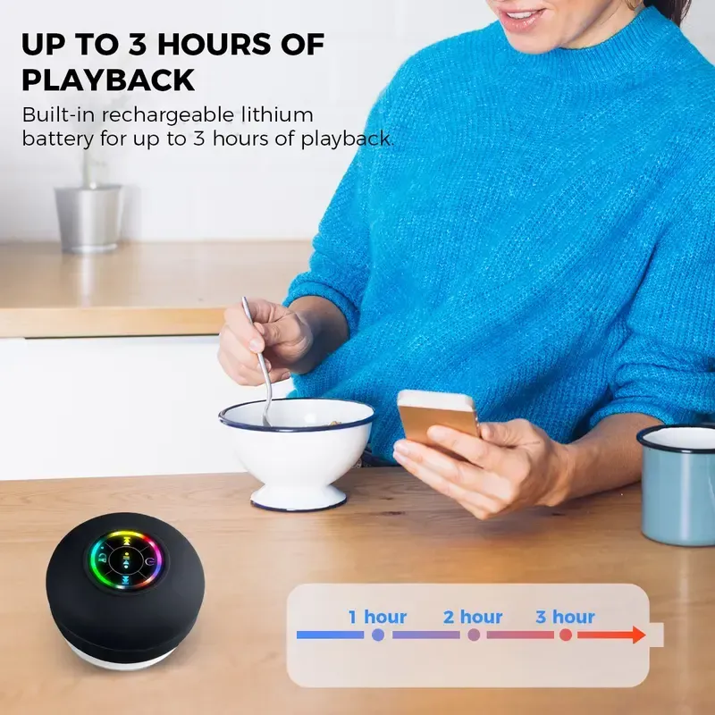 Black Wireless Waterproof Bluetooth Speaker with Suction Cup, LED Lights, Rechargeable Hands-Free Functionality - Audio Tech Gadget for Home Bathroom Use, Tech Gadgets
