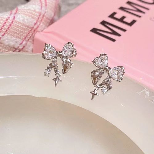 Silver Needle Star & Butterfly Stud Earrings, Zircon Inlaid, Silver Craftsmanship, High-End Light Luxury Style, Fashionable Internet-Famous Earrings