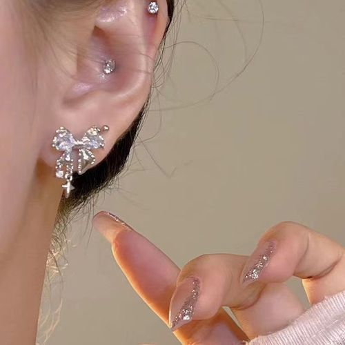 Silver Needle Star & Butterfly Stud Earrings, Zircon Inlaid, Silver Craftsmanship, High-End Light Luxury Style, Fashionable Internet-Famous Earrings