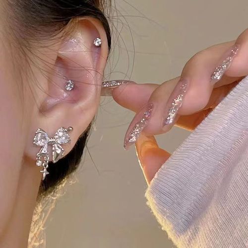 Silver Needle Star & Butterfly Stud Earrings, Zircon Inlaid, Silver Craftsmanship, High-End Light Luxury Style, Fashionable Internet-Famous Earrings