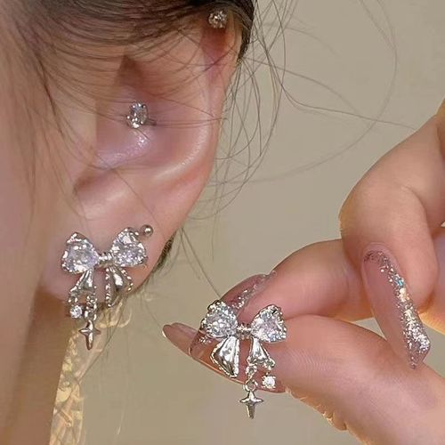 Silver Needle Star & Butterfly Stud Earrings, Zircon Inlaid, Silver Craftsmanship, High-End Light Luxury Style, Fashionable Internet-Famous Earrings