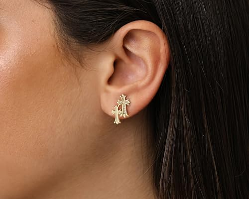 Golden Cross Stud Earrings with Moissanite, Brass Plated with Gold, Light Luxury Style, Fashionable & Versatile.