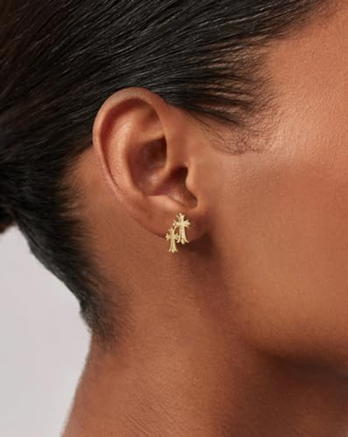 Golden Cross Stud Earrings with Moissanite, Brass Plated with Gold, Light Luxury Style, Fashionable & Versatile.