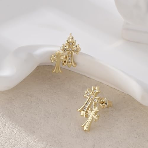 Golden Cross Stud Earrings with Moissanite, Brass Plated with Gold, Light Luxury Style, Fashionable & Versatile.