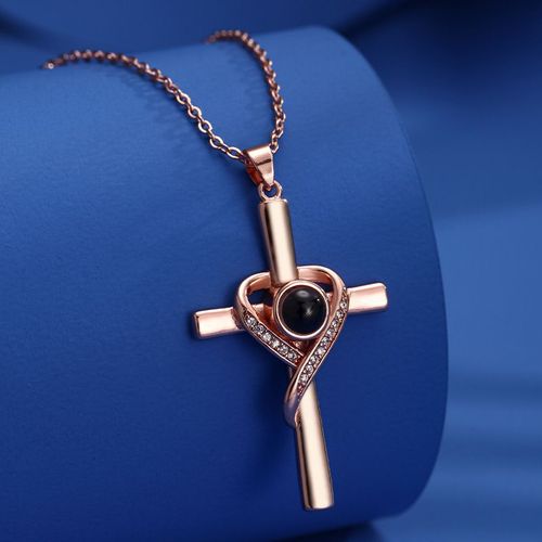 Creative Heart-shaped Projection Cross Necklace with Bible Passage Elements, Made of Pure Copper with Electroplating Craft, Light Luxury Style, Fashionable and Versatile, Colors Shipped Randomly