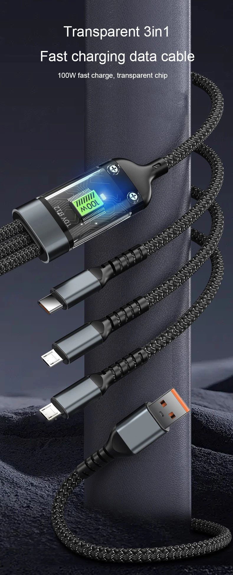 Universal 6A 3 in 1 USB Charger Cable for iPhone 100W Fast Charging Cable Data Cables Micro USB Type C Cord for Samsung Huawei
