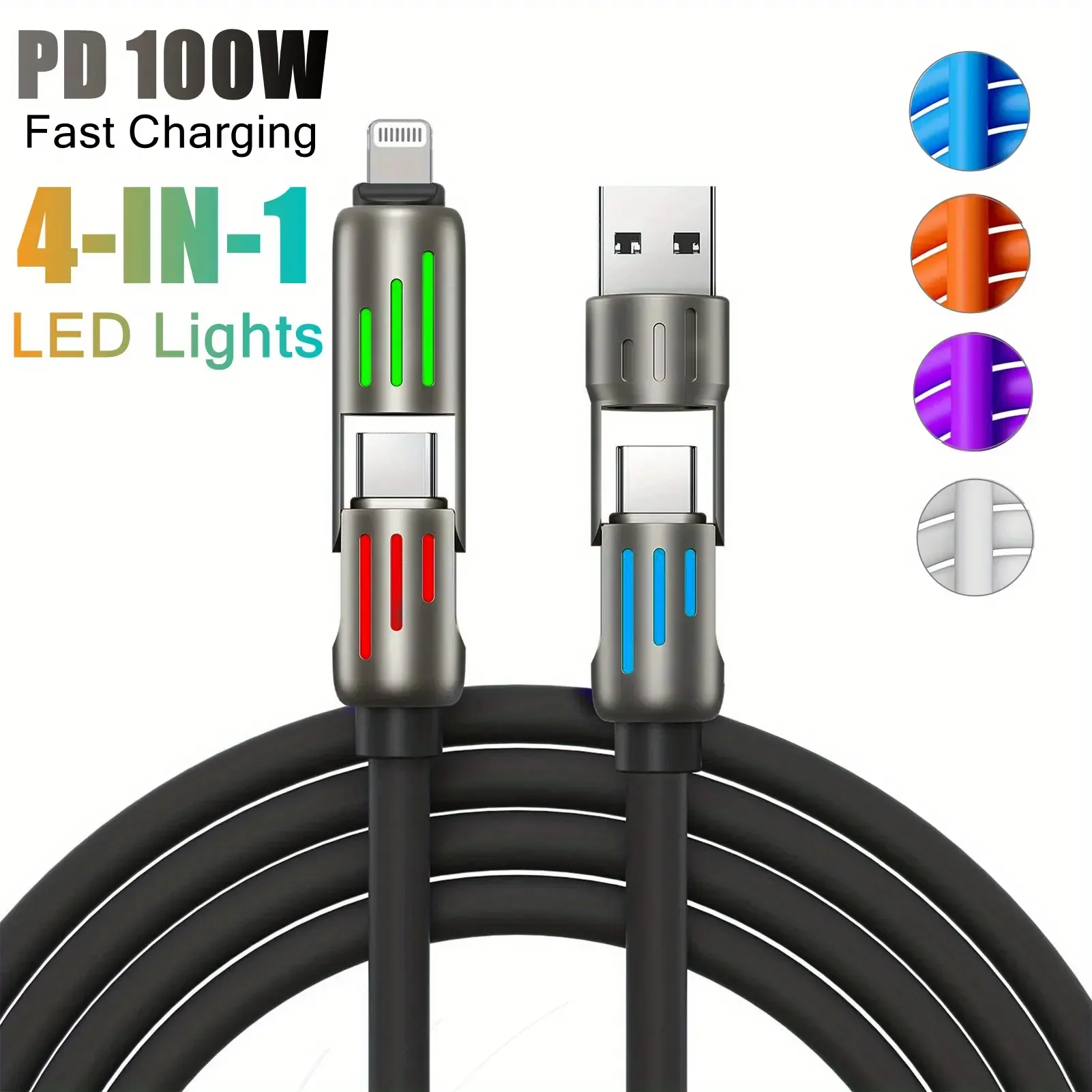 LED Breathing Light Indicator 4-in-1 Mobile Phone Charging Cable USB TYPE-C Suitable Soft Silicone Material Fast Charging Cable