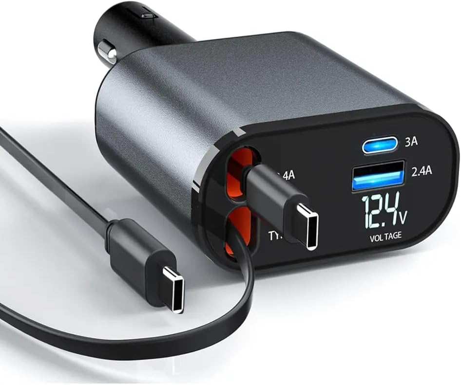 Retractable Car Charger 4 in 1 Fast Charging Car Charger Retractable Cable and USB Type C Ports Car Charger Adapter for Phones