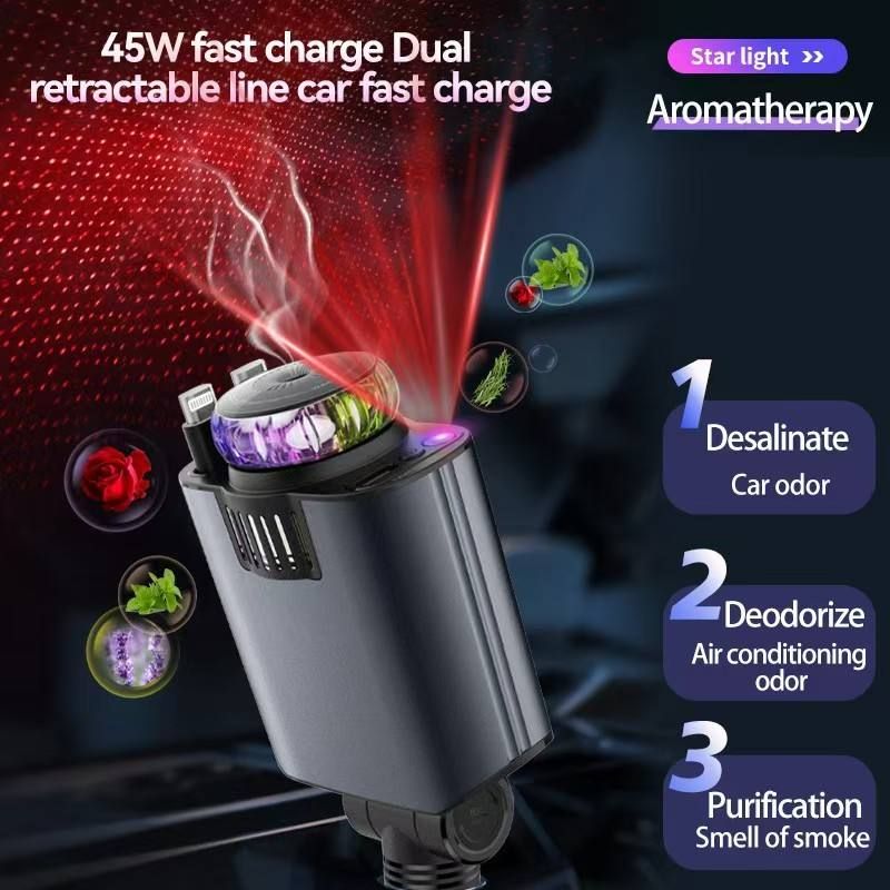 NEW Arrival Starlight Retractable Car USB Charger, 66W 5 in 1 Fast Charging, Car Air Freshener & 2 USB Ports Car Charger Adapter