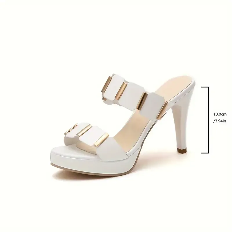 Women's Solid Color Platform Summer Shoes, Slip On Double Bands Casual High Heel Shoes, Versatile Summer Party Slides