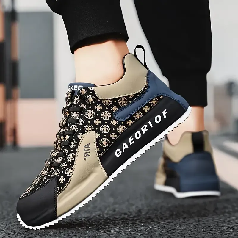 Men's Fashion Sneakers Low Top Lace-Up Casual Shoes with Graphic Pattern, Korean Style Versatile Footwear, PU Upper & Fabric Lining, Rubber Sole, Comfort Cloth Insole