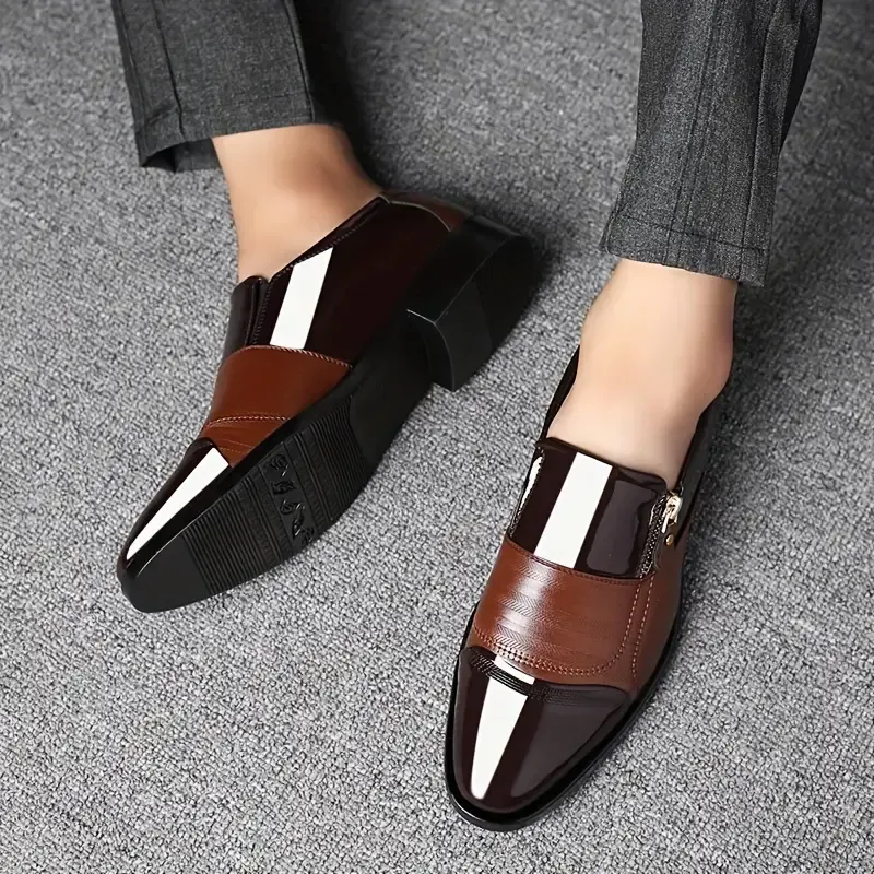 Men's Trendy Dress Shoes With Side Zipper Decor, Wear-resistant Slip On Shoes With PU Leather Uppers For Business Occasions, Men's Office Daily Footwear
