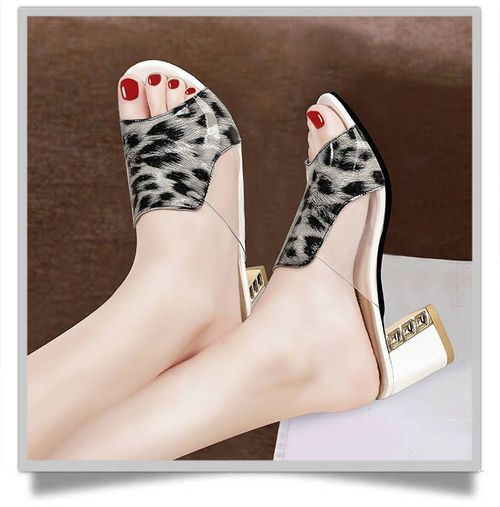 Leopard Print Sandals - Soft Sole, Slip-On, Platform, Chunky Heels, Comfortable Walking Shoes for Vacation