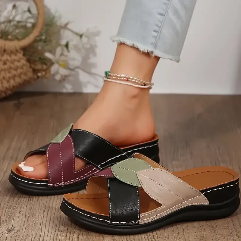 Summer Chic Womens Low Heel Colorblock Slide Sandals