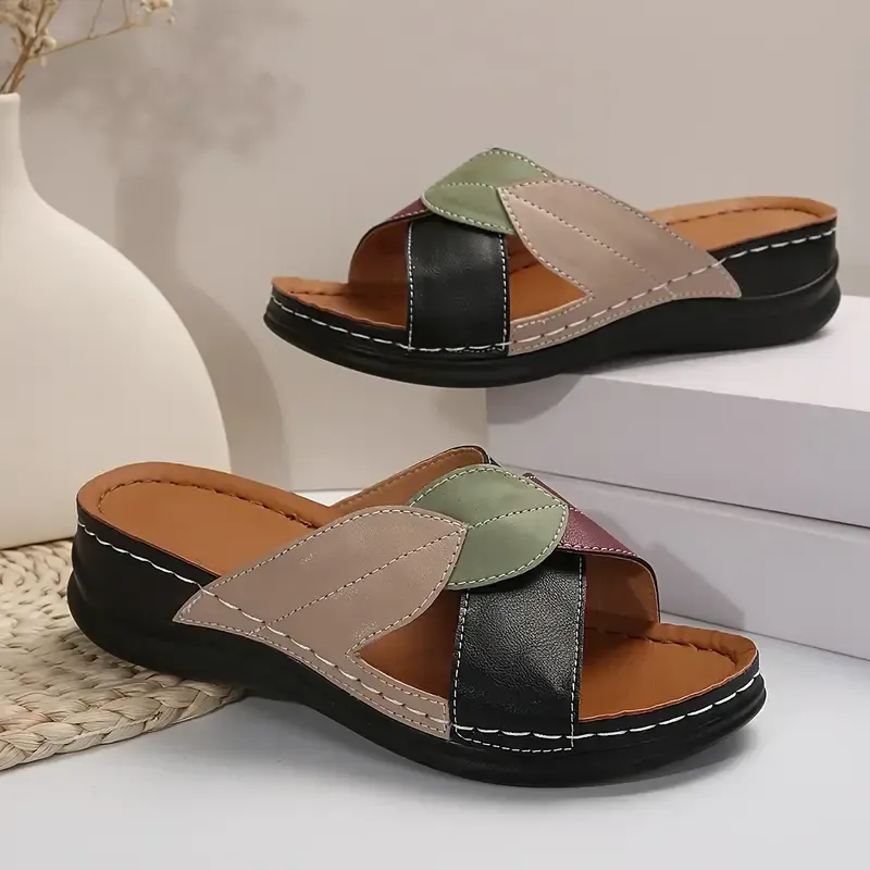 Summer Chic Womens Low Heel Colorblock Slide Sandals