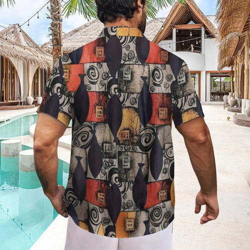 Men's Stylish Loose Cotton Blend Geometric Print Shirt, Casual Breathable Lapel Button Up Short Sleeve Shirt For Summer Outdoor Activities