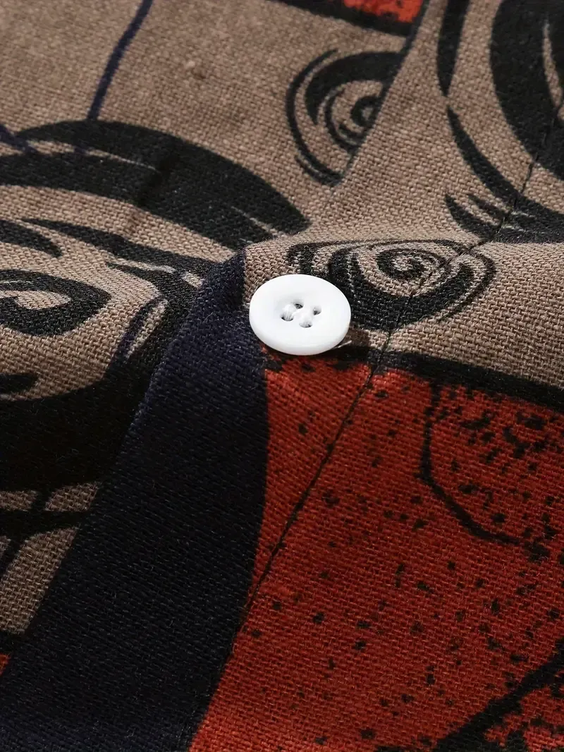 Men's Stylish Loose Cotton Blend Geometric Print Shirt, Casual Breathable Lapel Button Up Short Sleeve Shirt For Summer Outdoor Activities