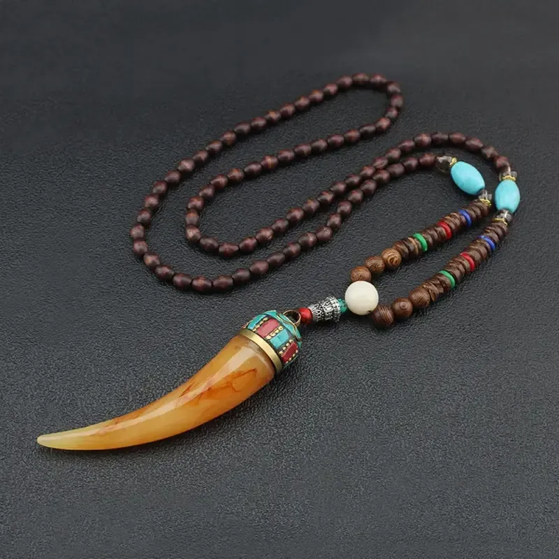 Boho-Chic Handcrafted Wooden Bead Necklace with Large Resin Horn Pendant - Fashion Accessory