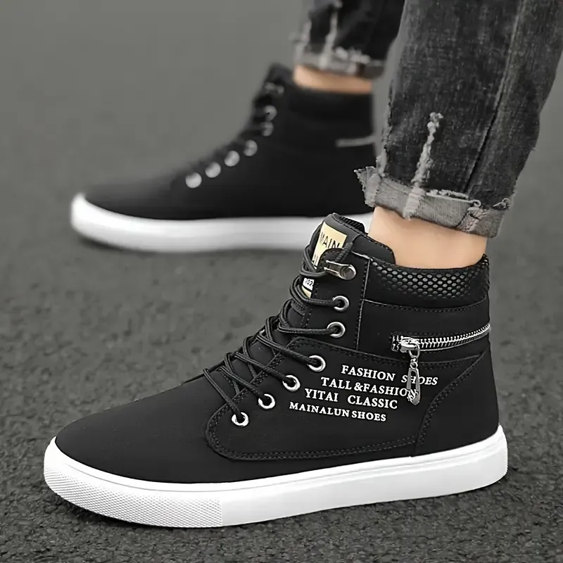 Men's High-Top Sneakers - Casual & Sporty, Non-Slip Skate Shoes for All Seasons, Durable Faux Leather with Comfortable Fabric Lining