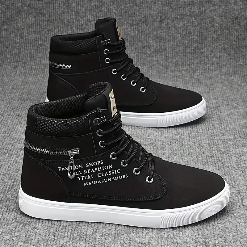 Men's High-Top Sneakers - Casual & Sporty, Non-Slip Skate Shoes for All Seasons, Durable Faux Leather with Comfortable Fabric Lining
