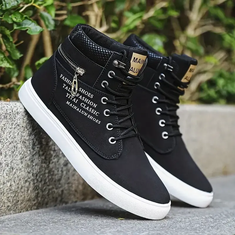Men's High-Top Sneakers - Casual & Sporty, Non-Slip Skate Shoes for All Seasons, Durable Faux Leather with Comfortable Fabric Lining